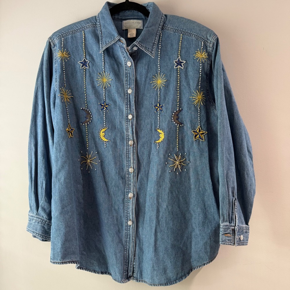 Vintage Capistrano Denim Shirt Women 14/16 Blue NEW Celestial Stars Moon Beaded